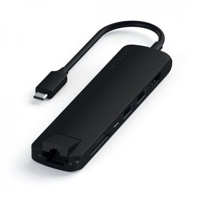 Satechi Slim USB-C MultiPort m. Ethernet - HDMI, USB 3.0 portar samt kortläsare - Svart